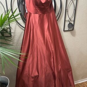 David's Bridal Strapless Rust Satin Dress